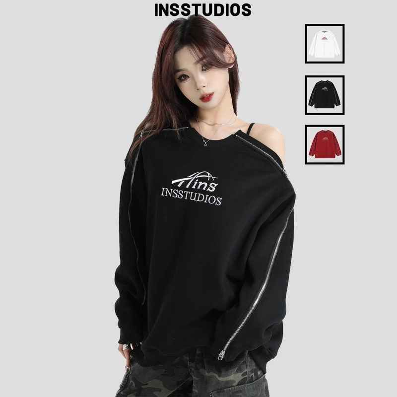 INSstudios国潮牌情侣美式拉链设计感斜肩卫衣宽松圆领露肩上衣