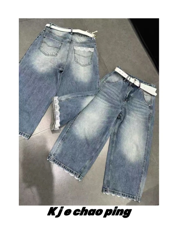 #57085拼蕾丝花边8分牛仔裤五一旅游出街衣服