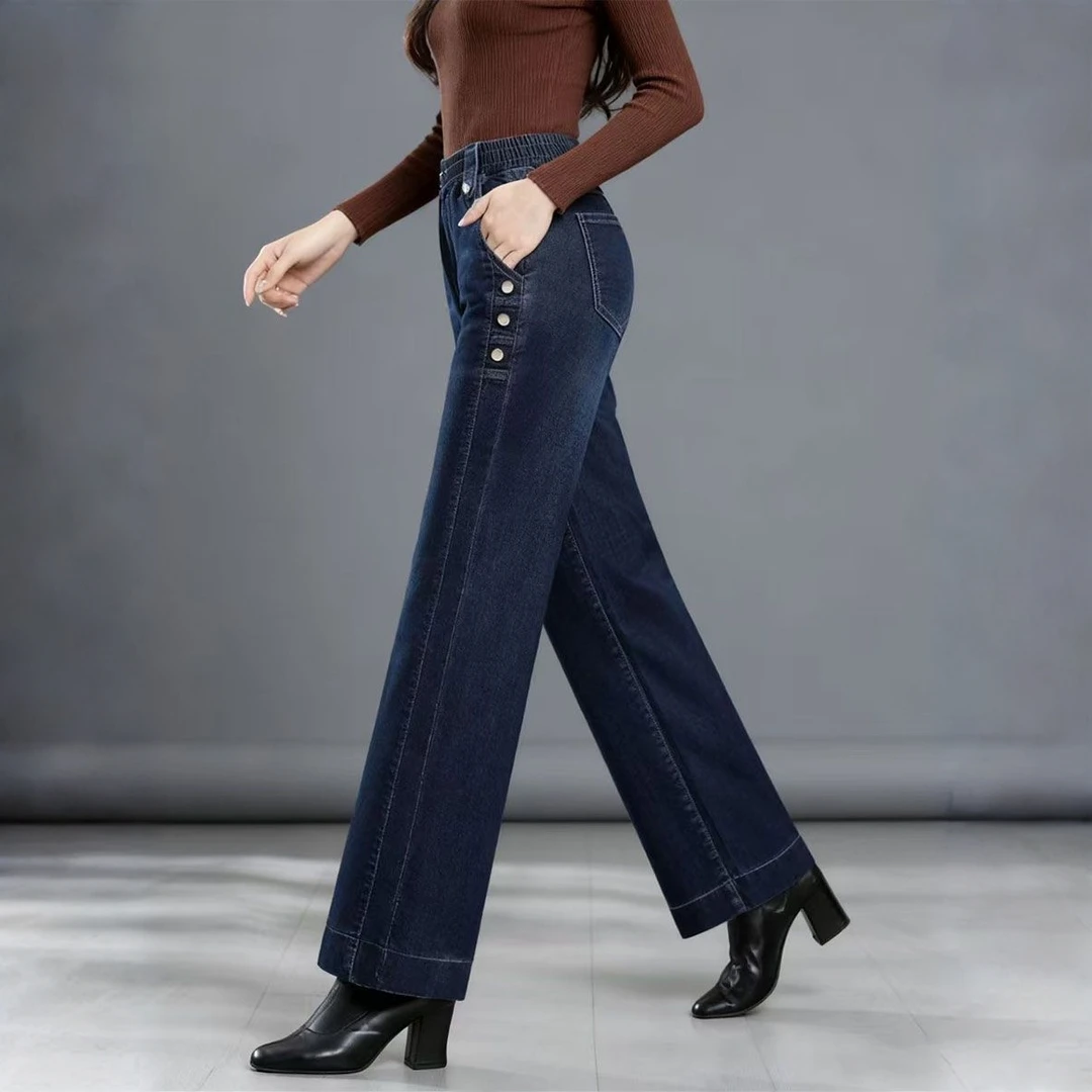秋冬季阔腿牛仔裤女加绒加厚松紧腰妈妈过冬高腰大码宽松直筒裤子