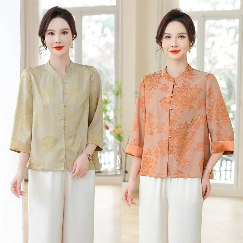 中老年女装七分袖衬衫妈妈装印花夏季开衫上衣新中式国风两件套