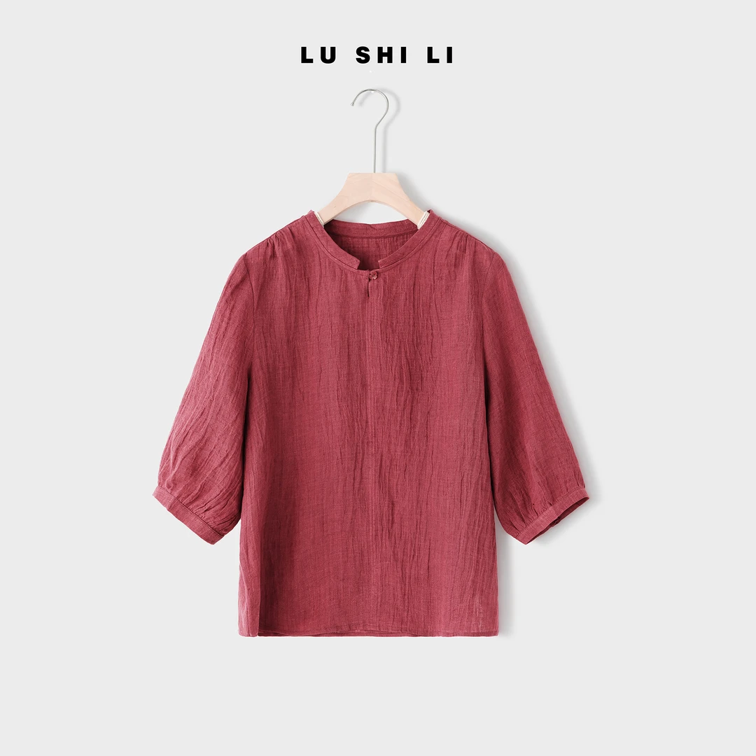 大宁女装 【玫昂红】宽松初秋新品100%亚麻圆领衬衫经典上衣95073