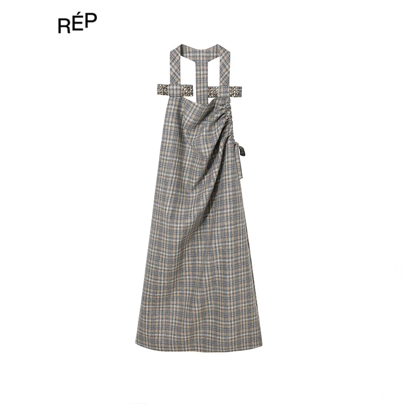 REP-WMWM设计师品牌米黄色格纹钉钻蝴蝶结背带裙 25FW秋冬新款
