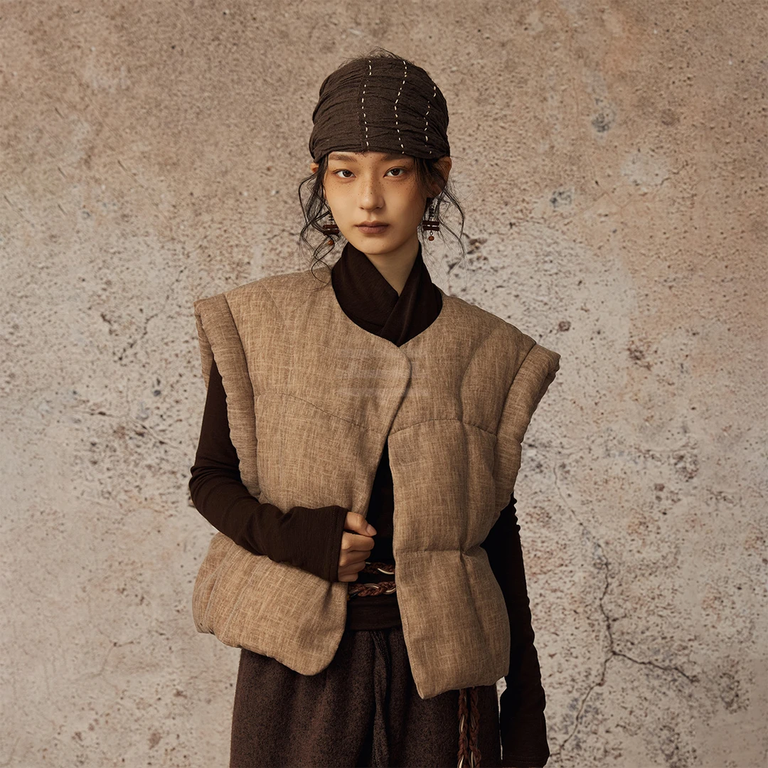 CatalpaLew「眠麻」墟生美学茶籽&茜草&柿子染羽绒龟背马甲#C53475