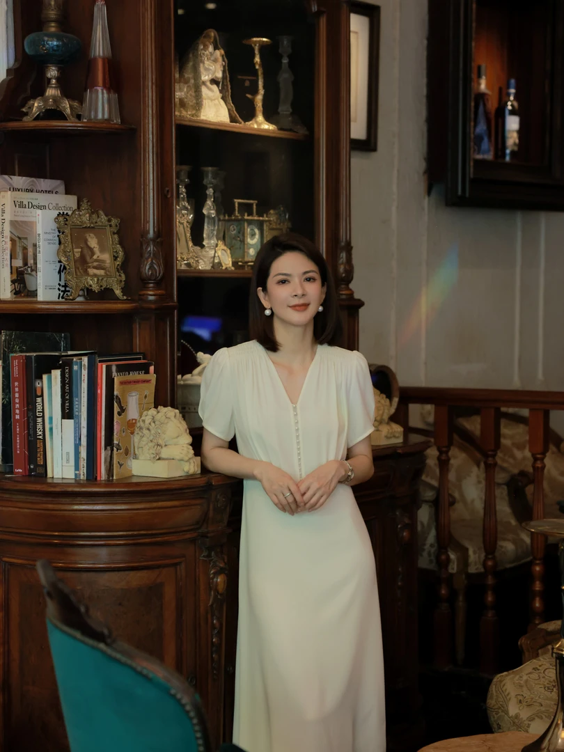 ANGELIAORIGINAL云端百合 醋酸钉珠气质优雅泡泡袖夏款连衣裙#456