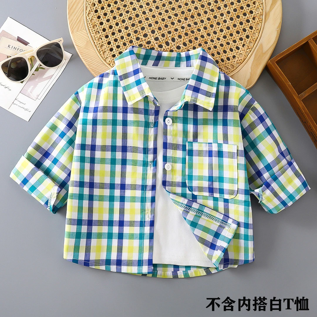 儿童长袖衬衫纯棉2025春秋新款男童帅气格子衬衣宝宝休闲翻领开衫