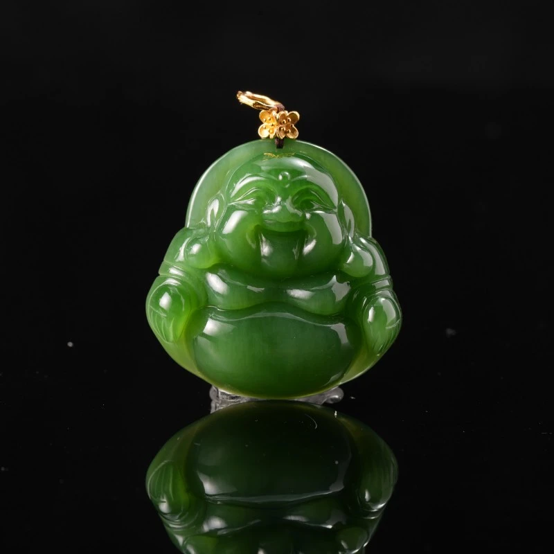 万福肆号|18k金镶俄碧五号坑正阳绿极细碧玉佛公孤品吊坠*YD70*