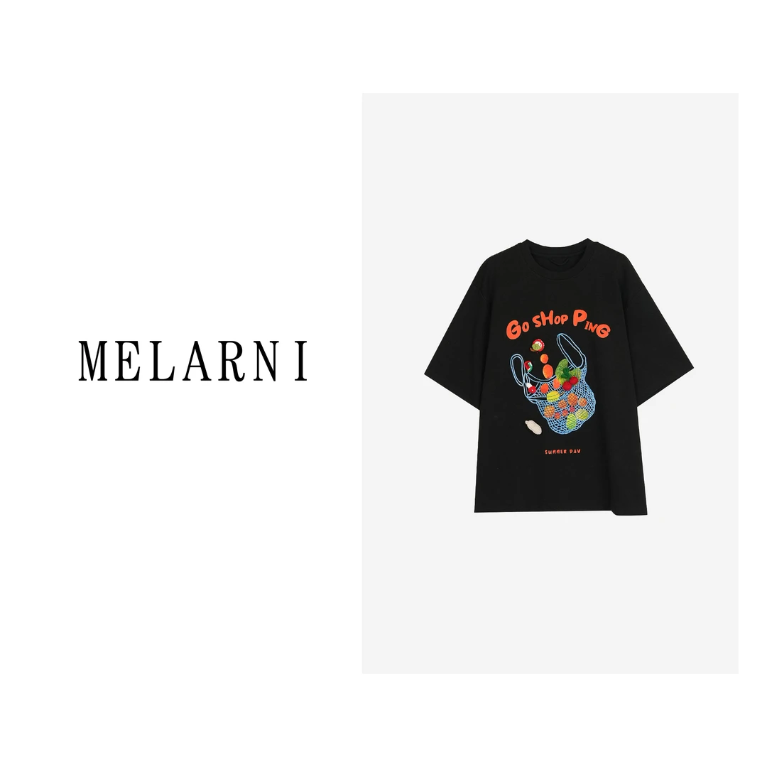 【MELARNI】休闲宽松夏季显瘦刺绣钩花蘑菇T恤MLN12067