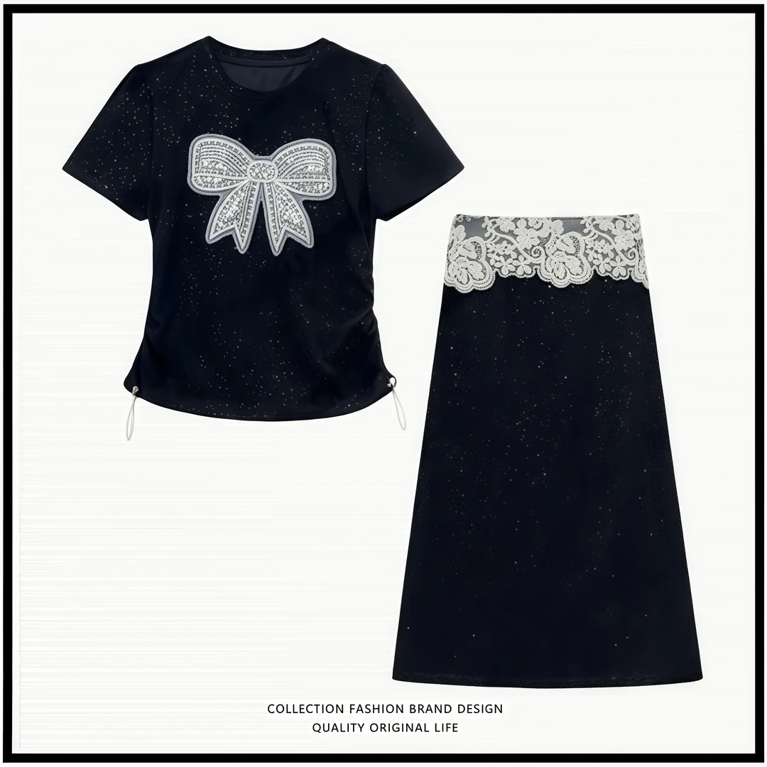 气质时尚两件套女2025夏季新款撒银蝴蝶结亮片短袖蕾丝半身裙套装