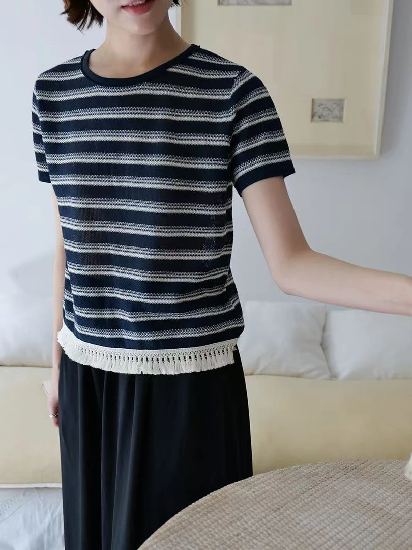 cepar@2013 韩系简约条纹百搭拼流苏短袖T恤 6-14