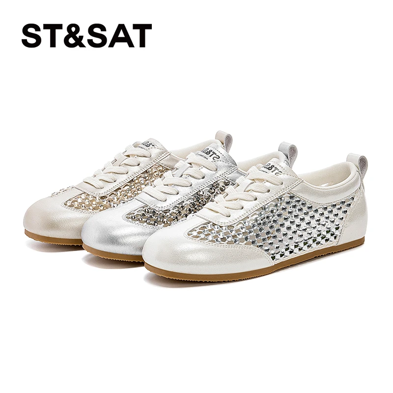 星期六女鞋夏季新款带钻透气平底德训鞋时尚百搭阿甘鞋镂空休闲鞋