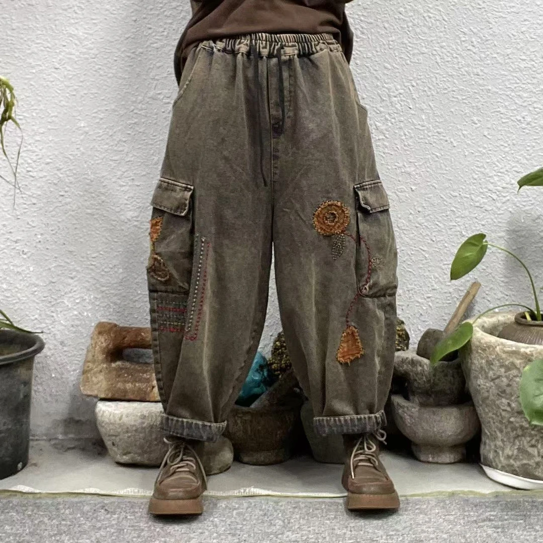 8831春两侧拼口袋重工贴圆布走线牛仔哈伦裤（长88臀围124脚口48