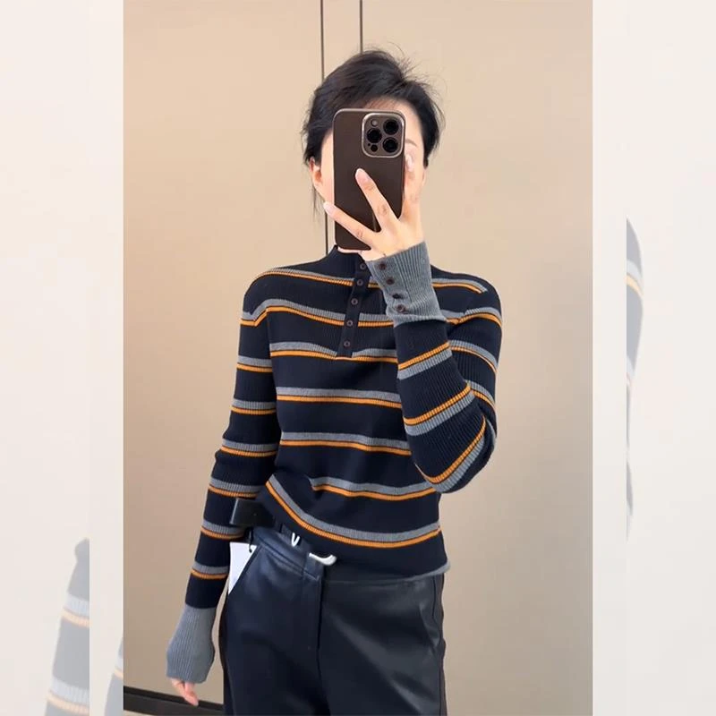 韩系穿搭套头条纹撞色针织衫女内搭秋冬新款长袖半高领打底衫上衣