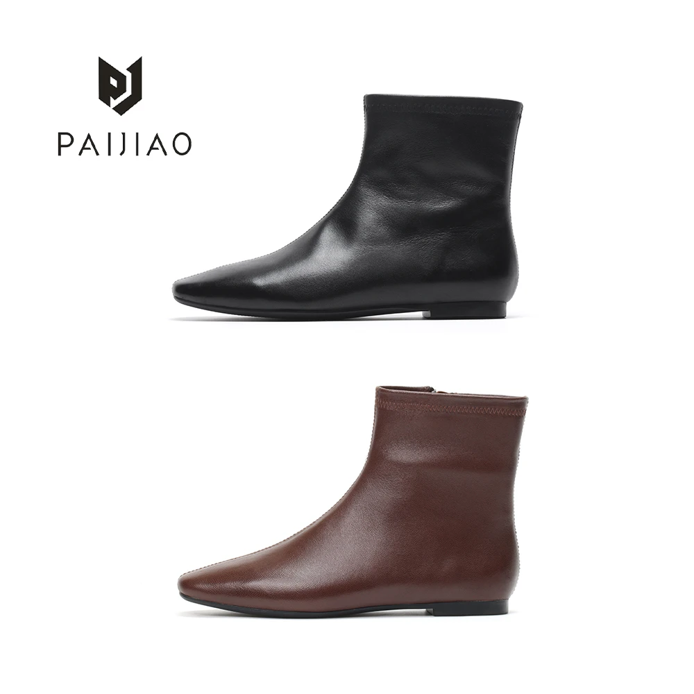 羊皮方头女靴中缝设计极简风侧拉链短靴秋冬单靴软底靴子XC2683-1