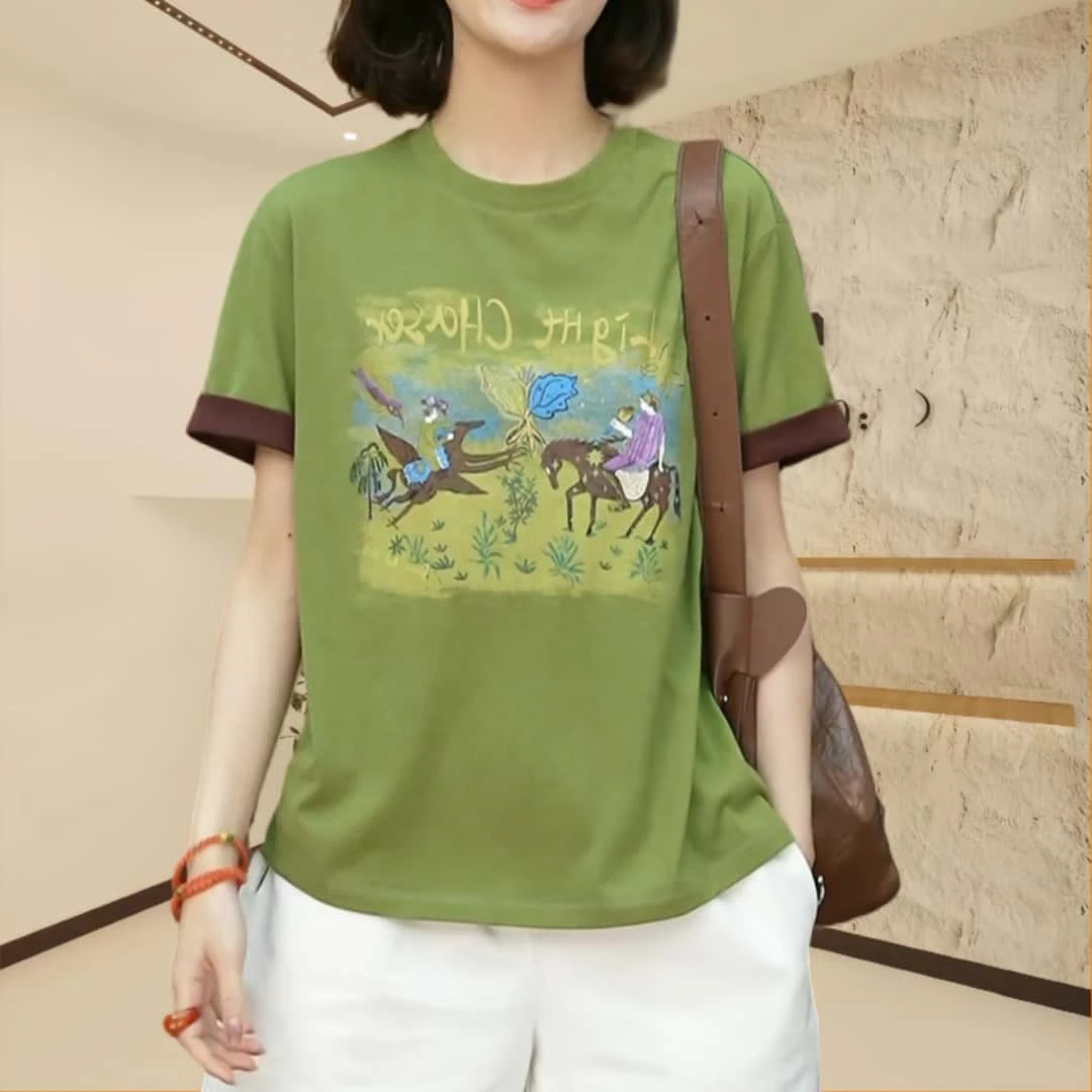 夏季宽松圆领印花短袖T恤女2025新款洋气韩版蝴蝶富家千金风上衣