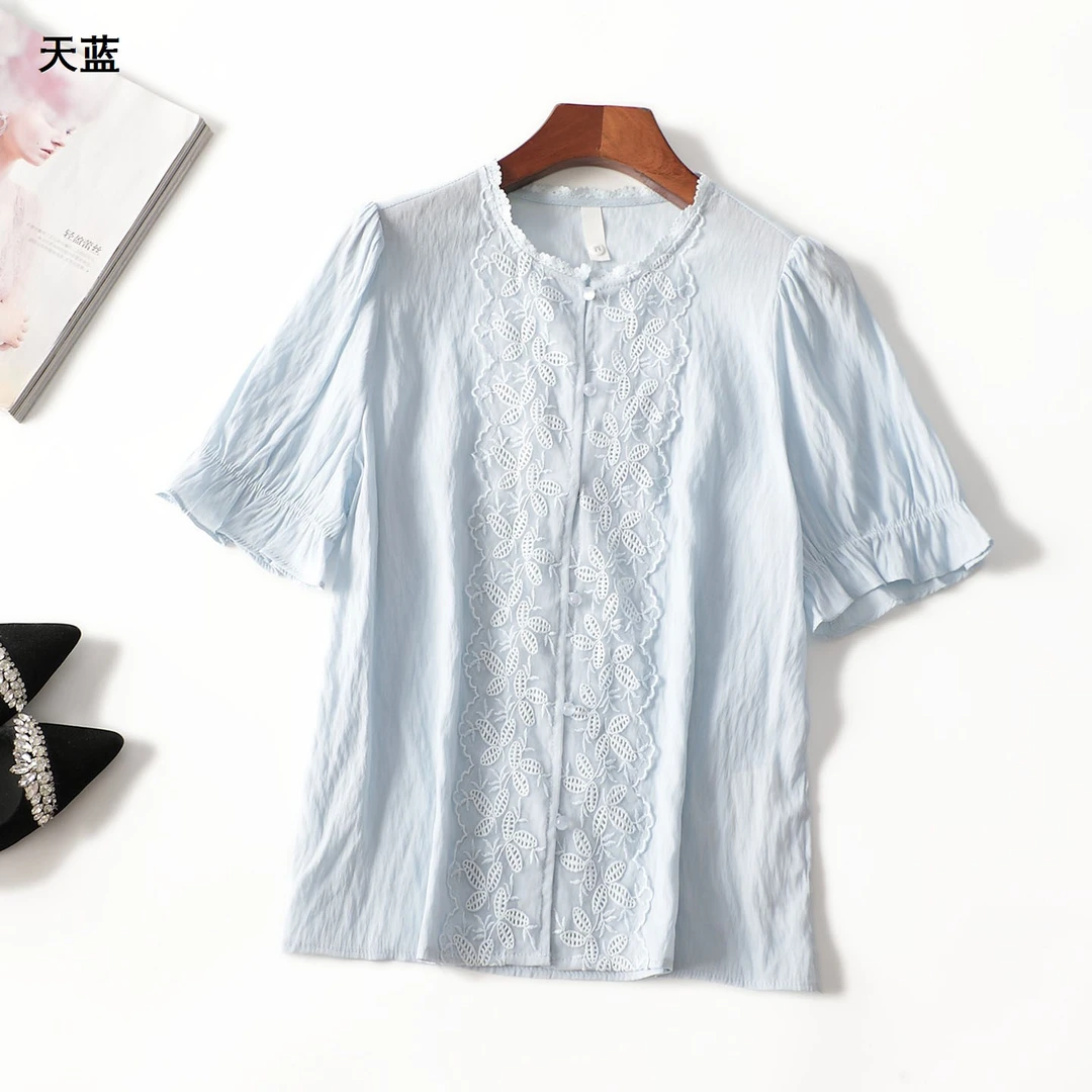 时尚夏中长款短袖休闲圆领衬衫夏装蕾丝绣花小衫夏季衬衣上衣