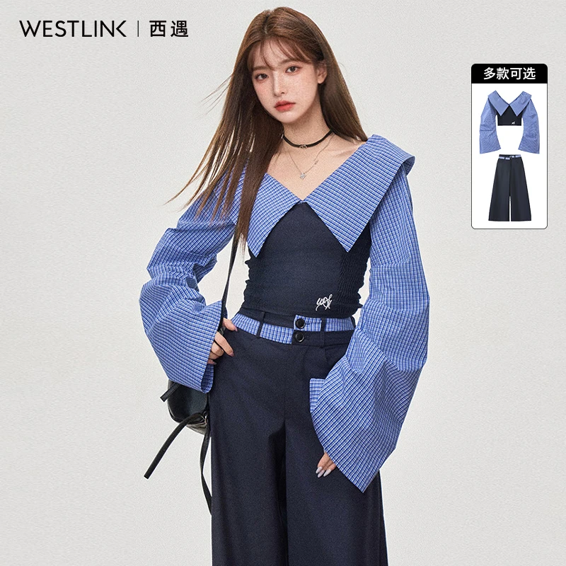西遇一字肩拼接上衣套装女2025秋季新款阔腿裤学院风条纹两件套