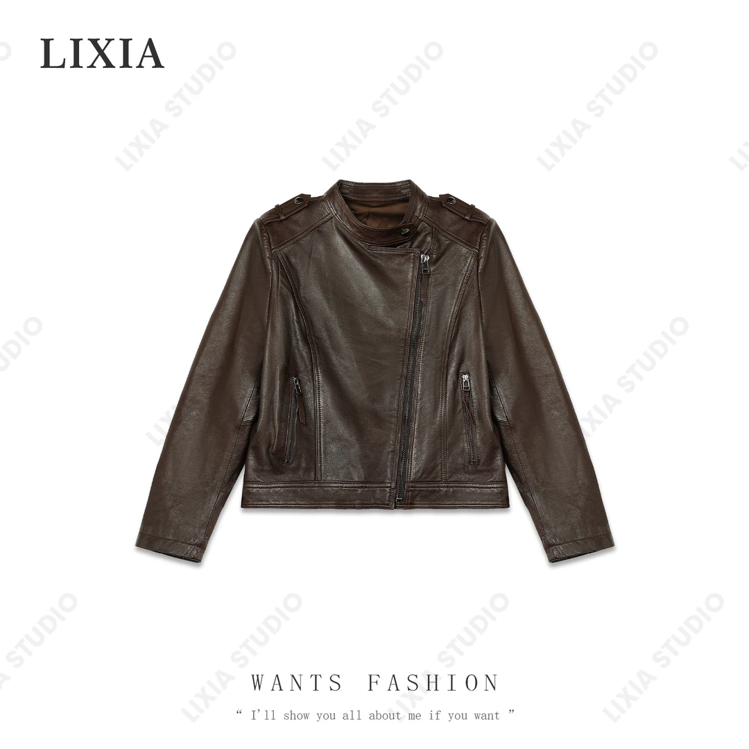 LIXIA【万有引力】立领拉链款酷飒半植鞣皮衣外套-A6881