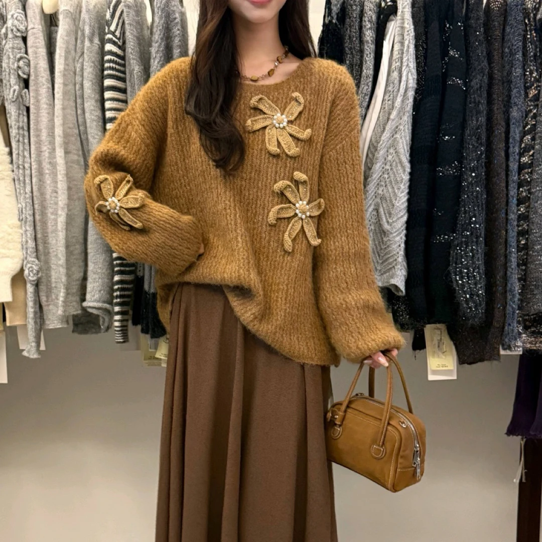 88351立体海星针织衫女秋冬慵懒宽松显瘦气质百搭毛衣套头上衣