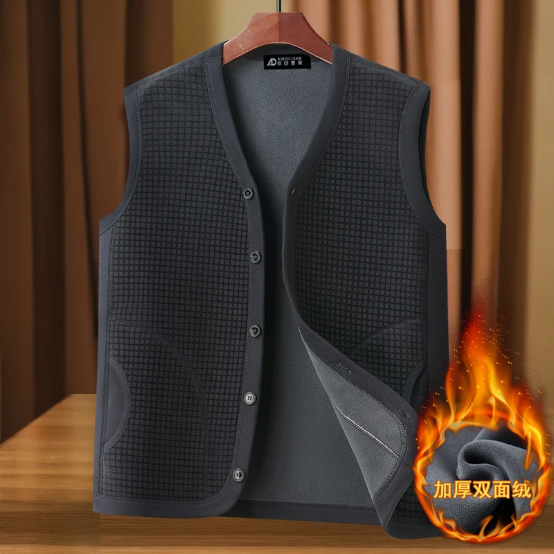 秋冬加绒冬季背心爸爸装V领马甲本布下摆无袖休闲风爷爷款坎肩男