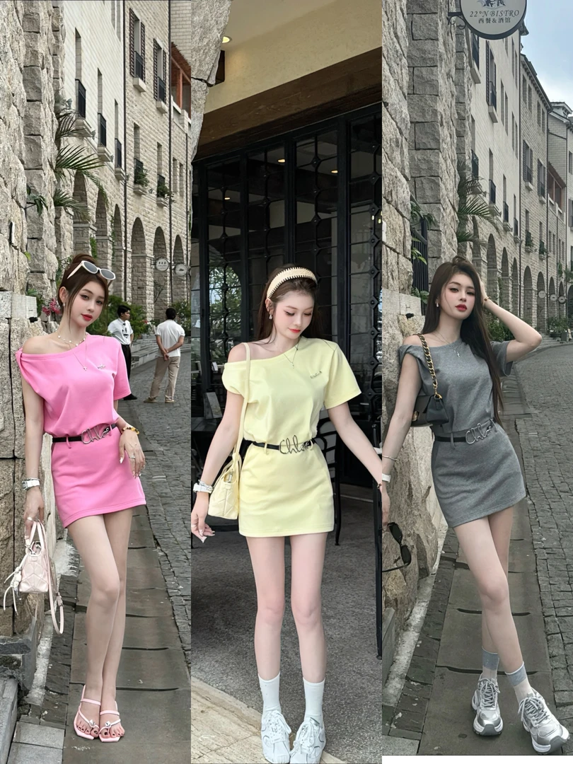 【十一家】原创【褶影甜风】气质美学斜肩设计感收腰显瘦连衣裙E3122