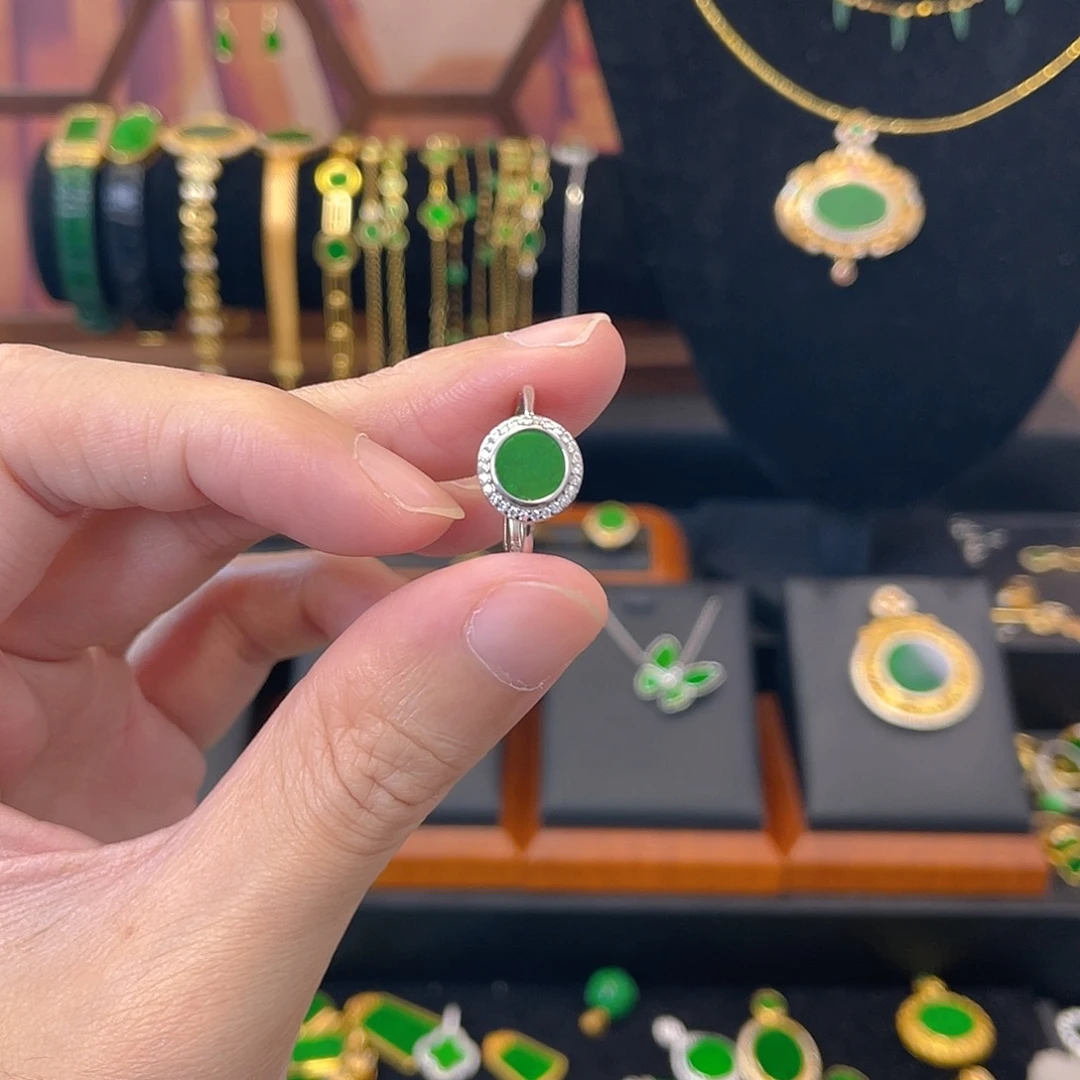 翡翠银S925镀金镶嵌戒指