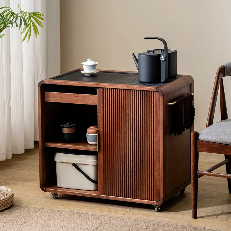 家用客厅可移动茶柜胡桃木茶台实木烧水茶桌边柜阳台茶几茶桌一套
