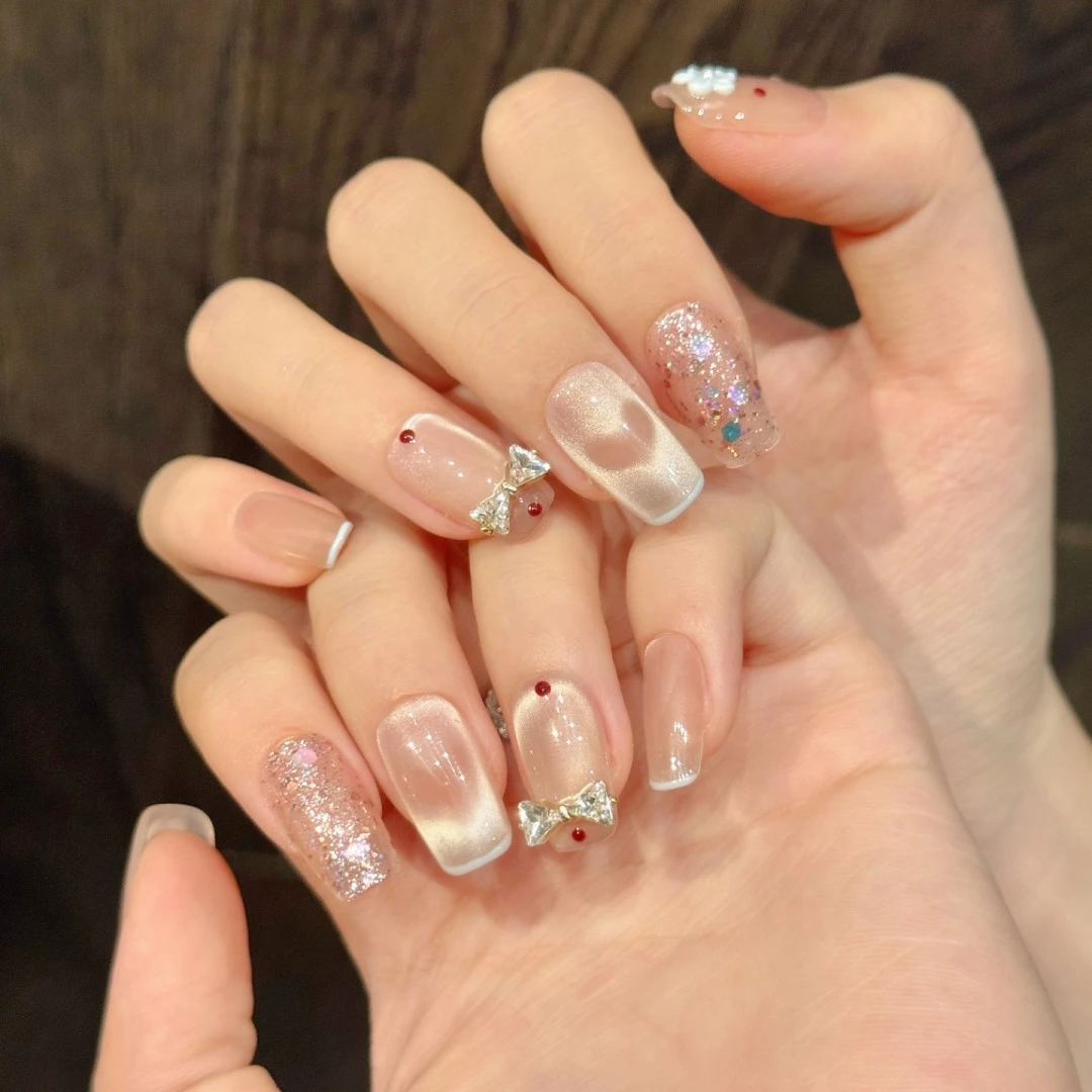 心花怒放韩系灵动猫眼少女蝴蝶结小花短款穿戴甲