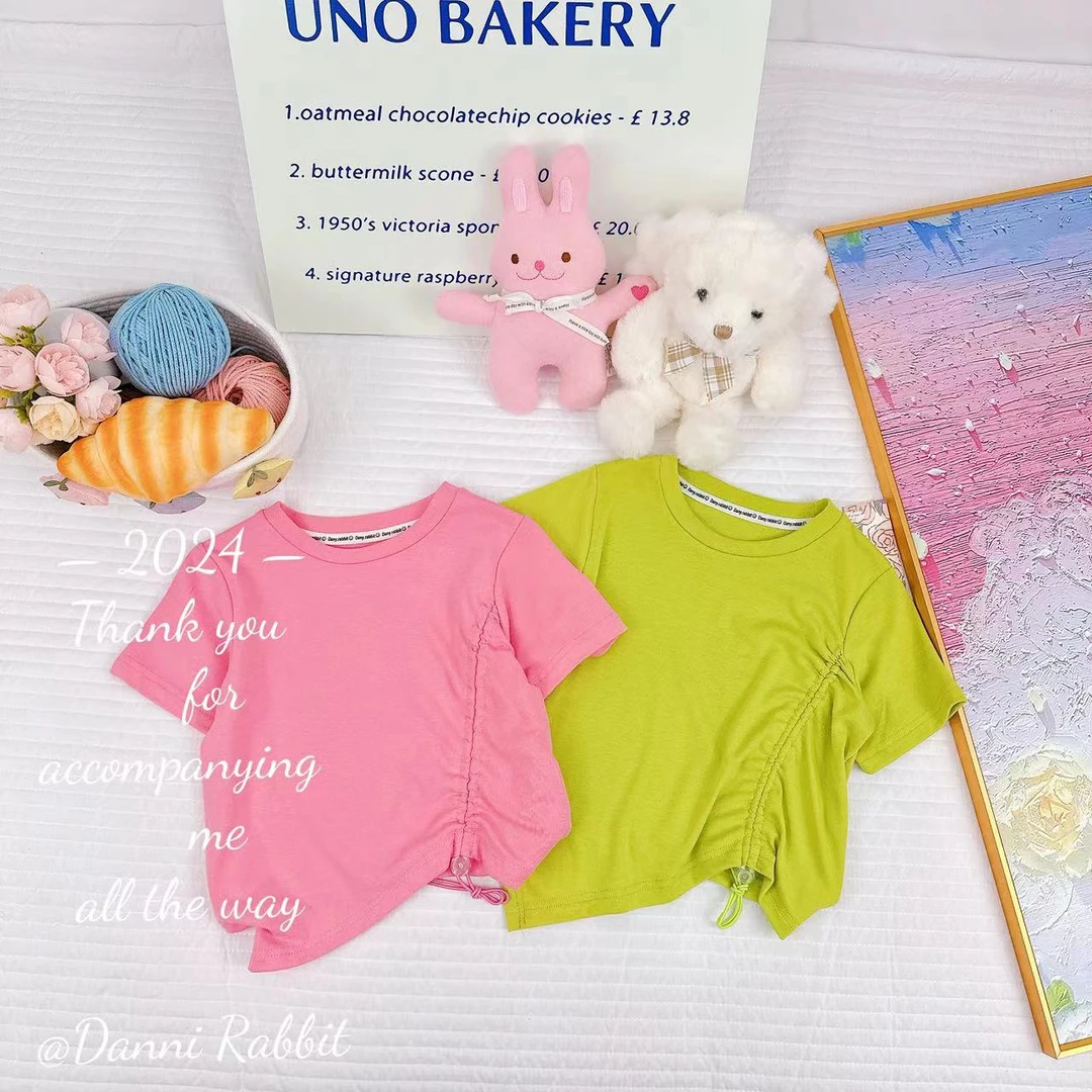 夏款新款女童韩版纯色抽绳短袖T恤.D-CD518