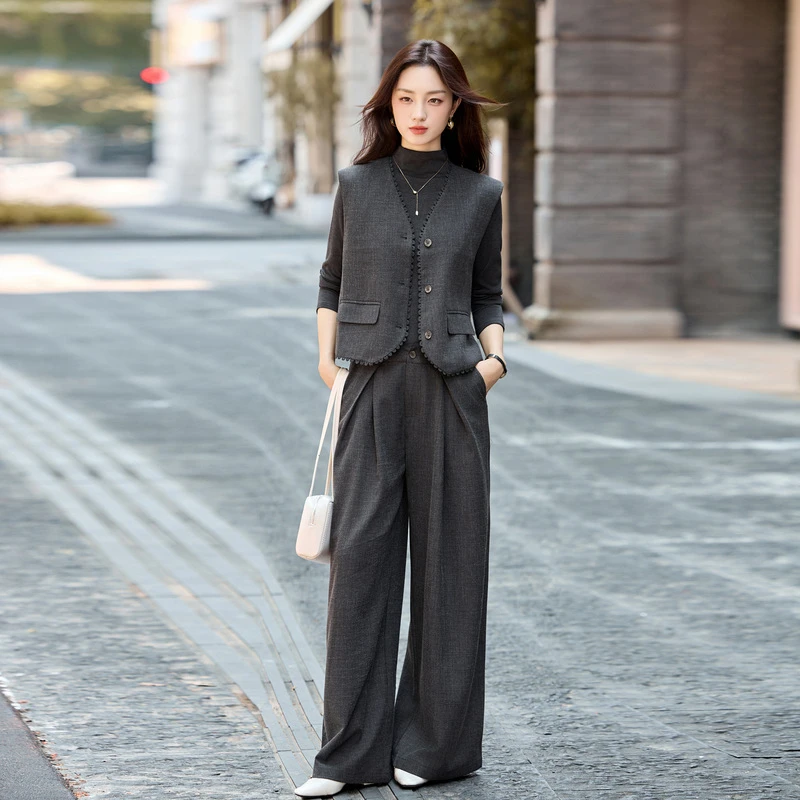 时尚套装2025秋季新款女装小香风马甲打底衫阔腿裤三件套 YL792