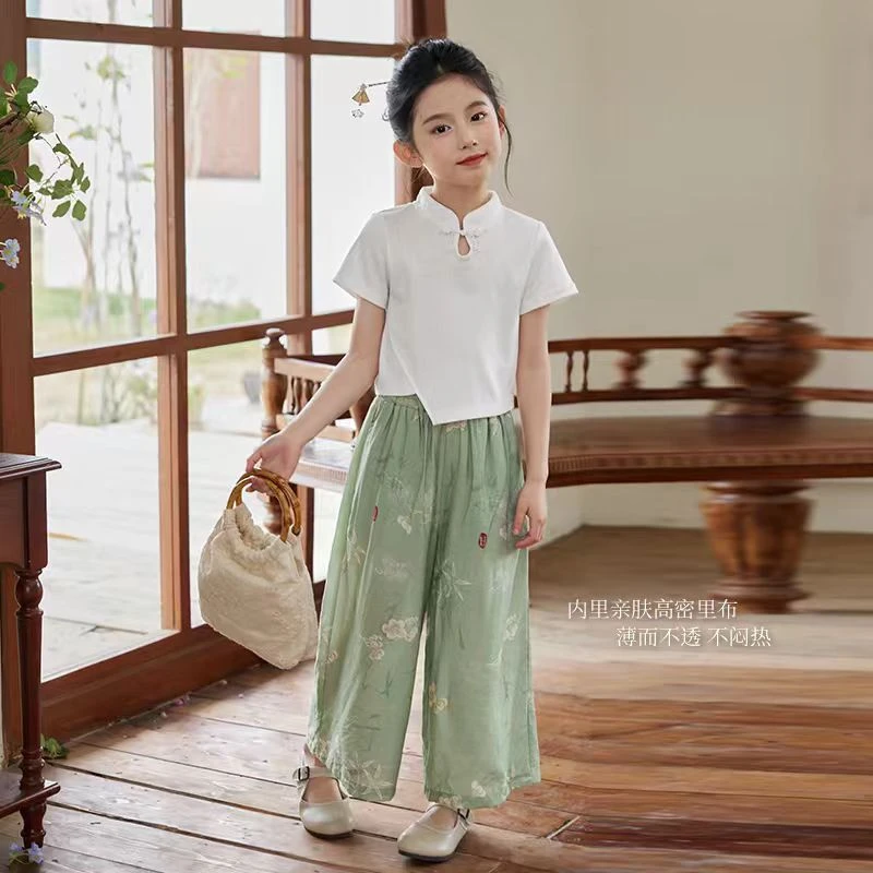 女童国风中式装2025新款中大童洋气盘扣儿童上衣短袖一件