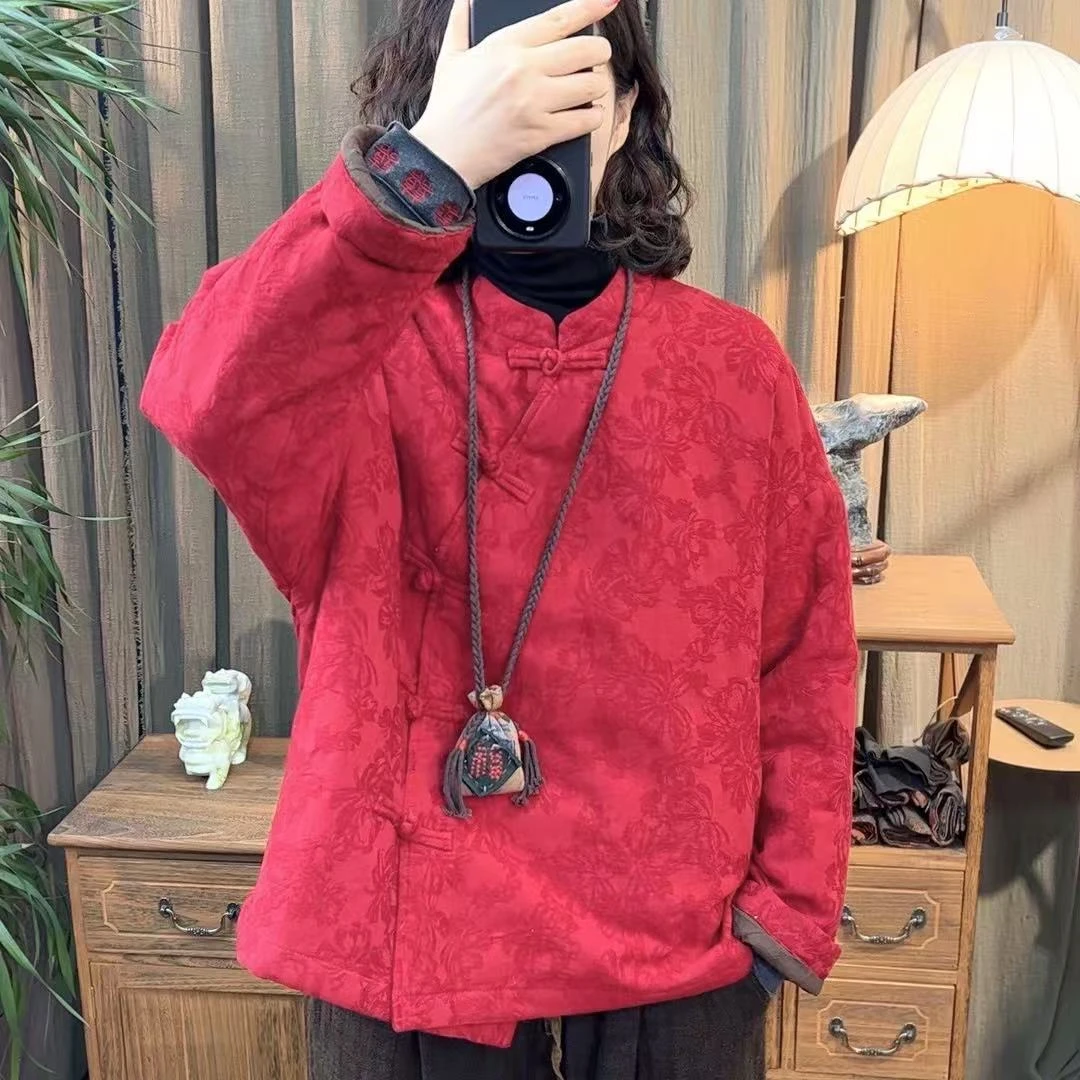 那年 2025年新年红亚麻盘扣棉袄（长65）红色中式复古加厚中国风