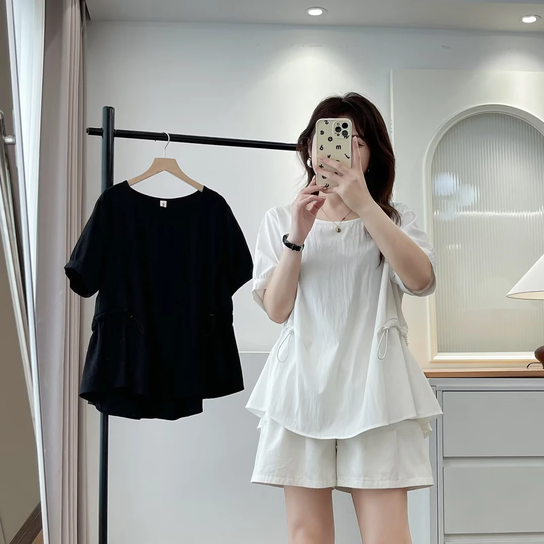 大码胖mm纯色百搭设计感抽绳显瘦短袖T恤女夏季新款上衣休闲藏肉