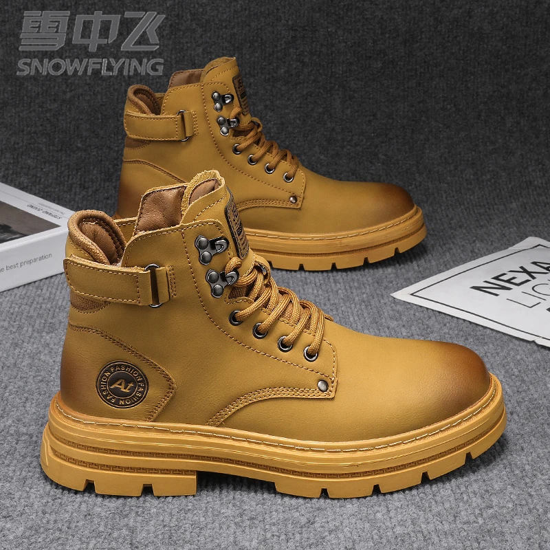 雪中飞马丁靴秋季2025新款皮面大黄靴英伦复古百搭休闲高帮工装靴