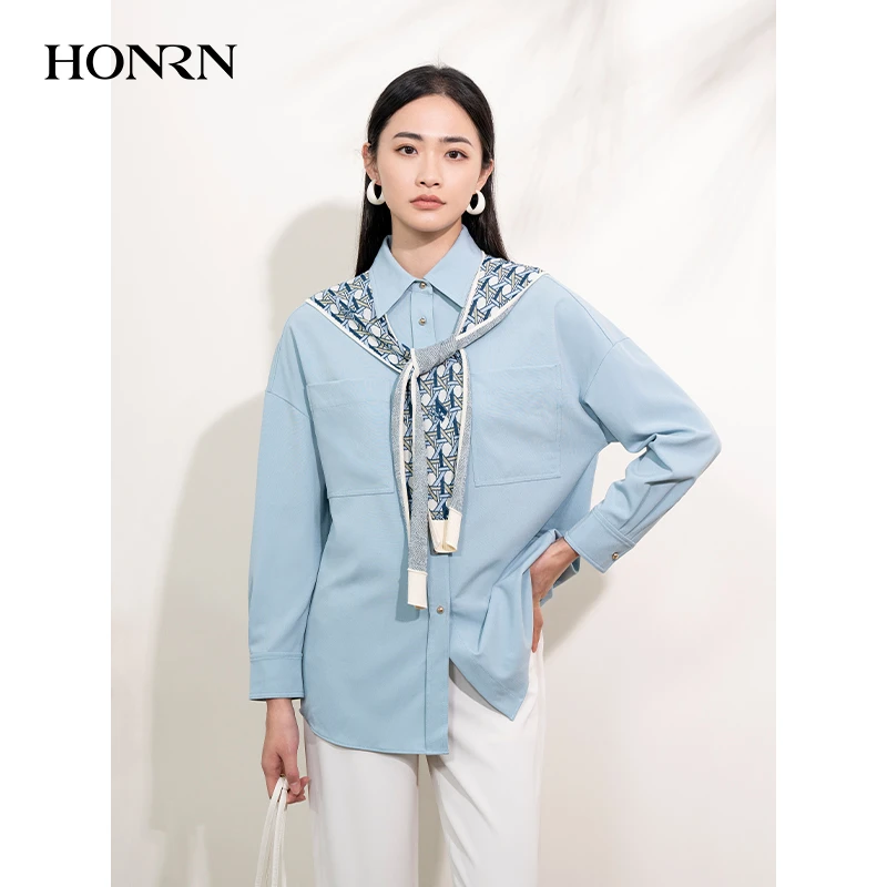 HONRN/红人设计感宽松披肩翻领两件套衬衫女上衣春秋款HI11OC215