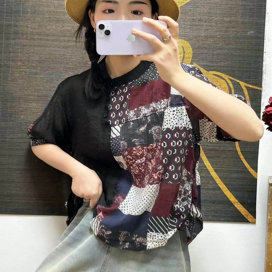 数码印花麻料小立领短袖百搭夏季显瘦小衫女AYM 2584