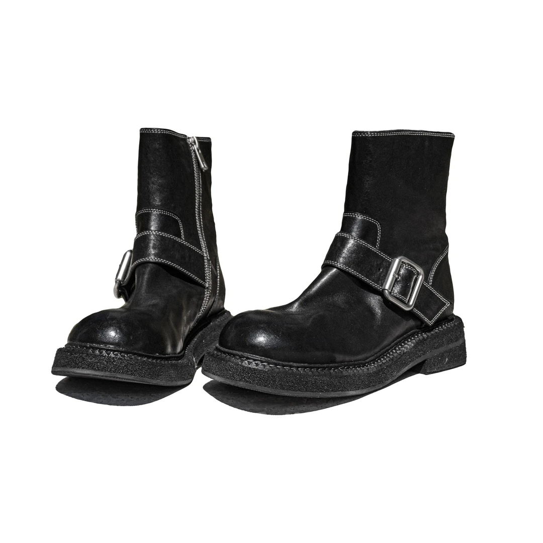 里外全马皮侧拉链带扣装饰时尚女靴短靴