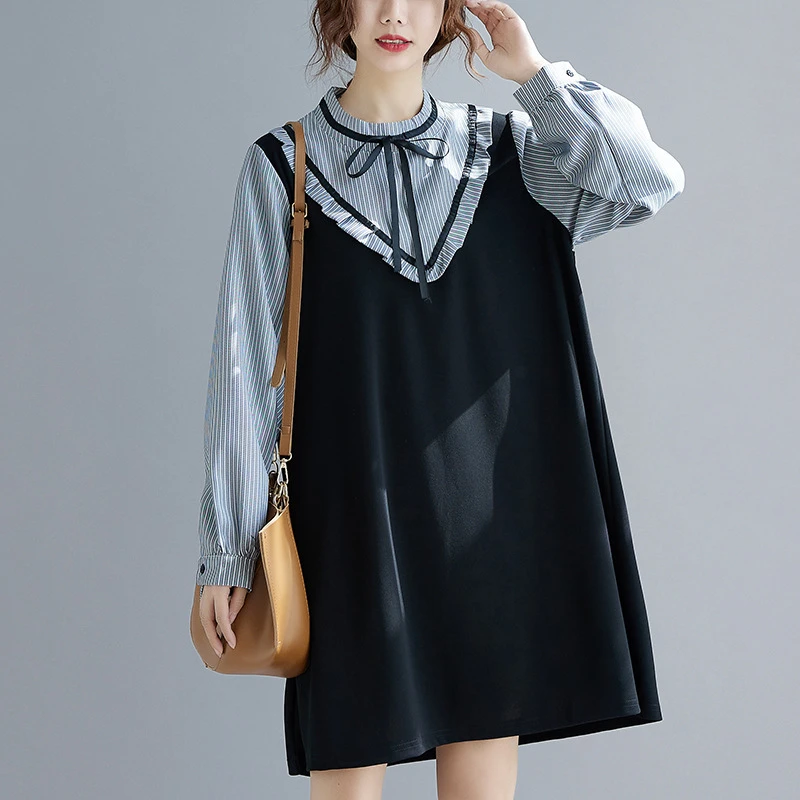 ZZ2053特价清货断码胖妹妹大码女装韩版胖妹妹假两件拼条纹连衣裙