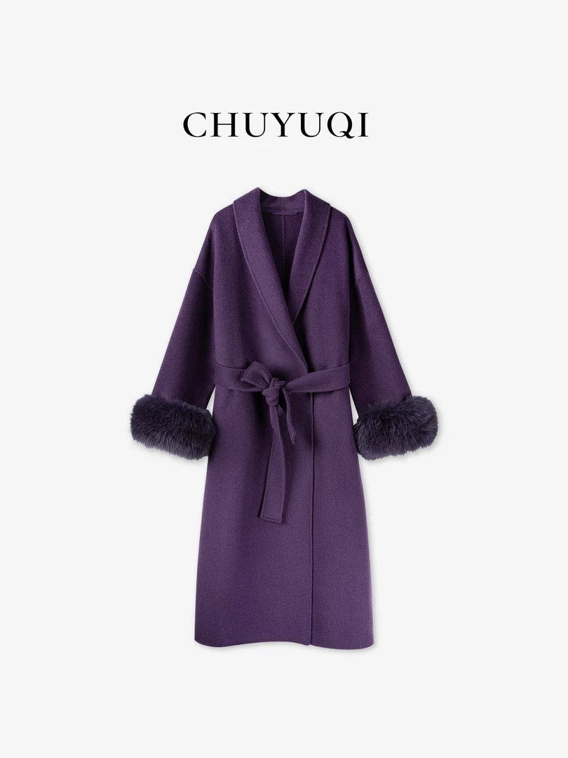 CHUYUQI 富贵紫罗兰 贵气冬季双面绵羊毛大衣可拆卸狐狸毛袖外套