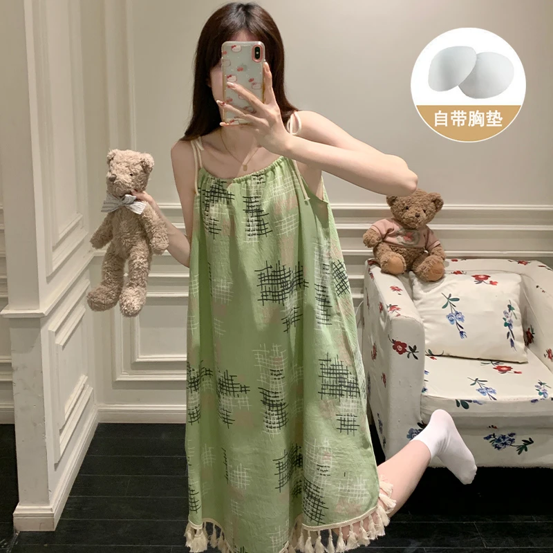 吊带睡裙女夏季带胸垫2025新款流苏睡衣薄款高级感甜美休闲家居服