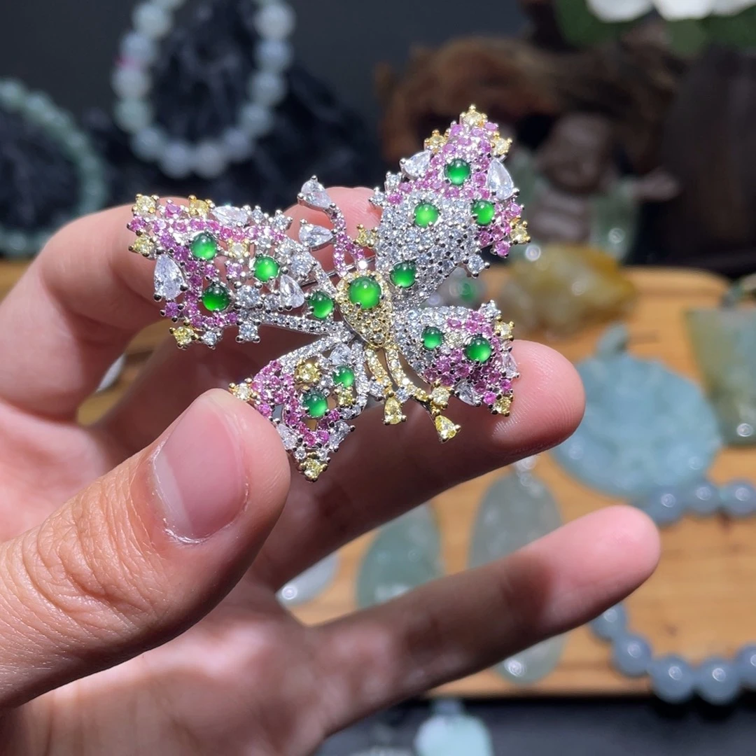 翡翠银S925镶嵌颈饰胸针危