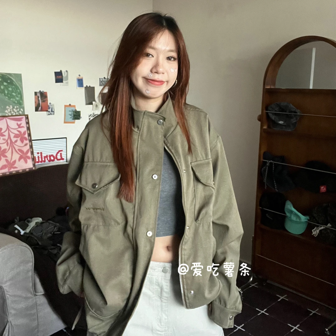 爱吃薯条【抹茶】美式宽松复古休闲酷帅气秋冬拉链外套上衣夹克