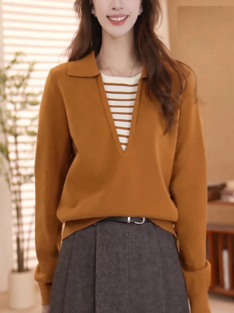 2025秋冬新款气质条纹拼接假两件翻领针织衫上衣女装休闲通勤百搭
