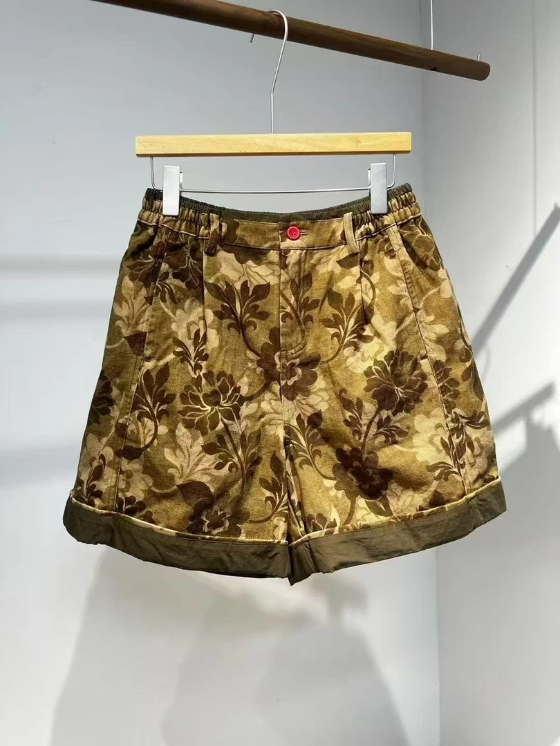 棉裤布衣分享忆古色织多扣翻边撞色短裤