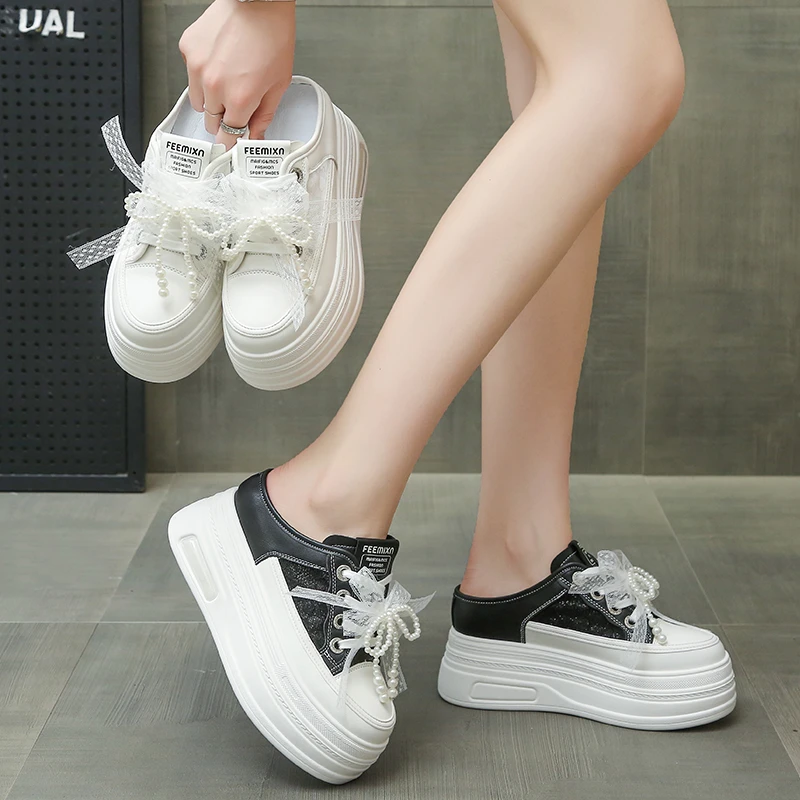 内增高包头半拖女2025夏季新款网纱透气百搭休闲一脚蹬小白鞋拖鞋