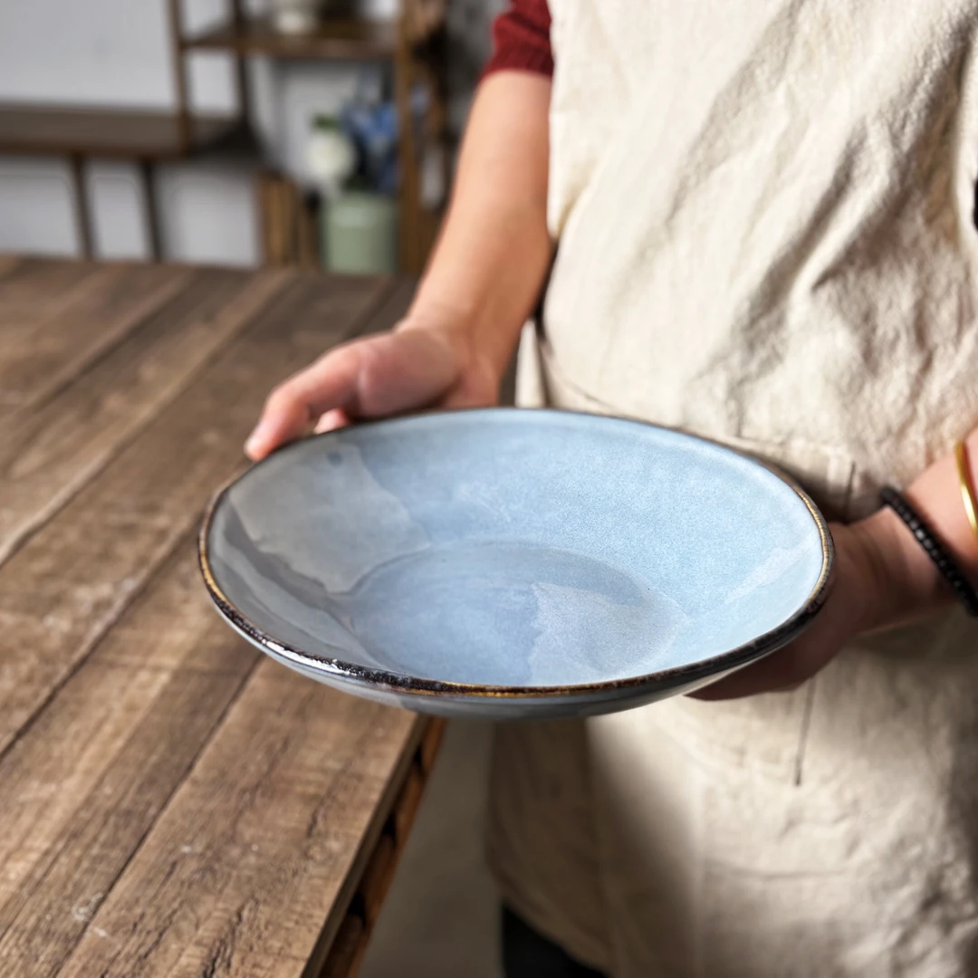 【复古敞口汤盘】B191陶瓷家用日式菜碗窑变釉斗笠深盘微瑕疵