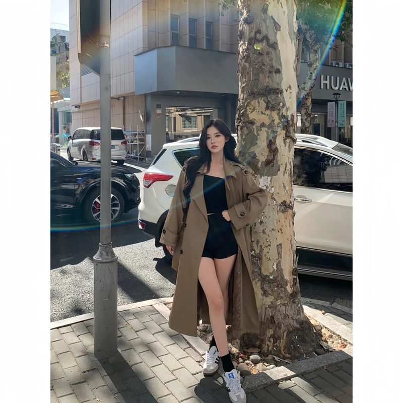 【漫步城市】UM家2025秋季新款卡其色长款欧若风韩版H型风衣外套女