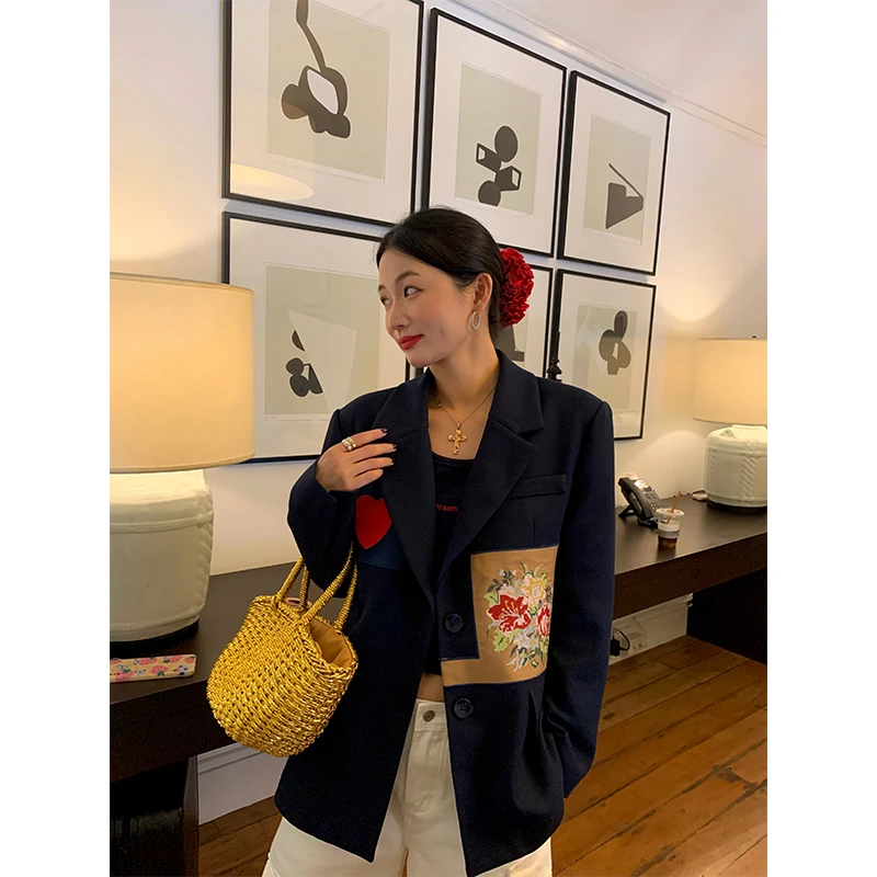 落落狷介西装外套女2025新款藏青色小个子显瘦小西装春秋休闲西服