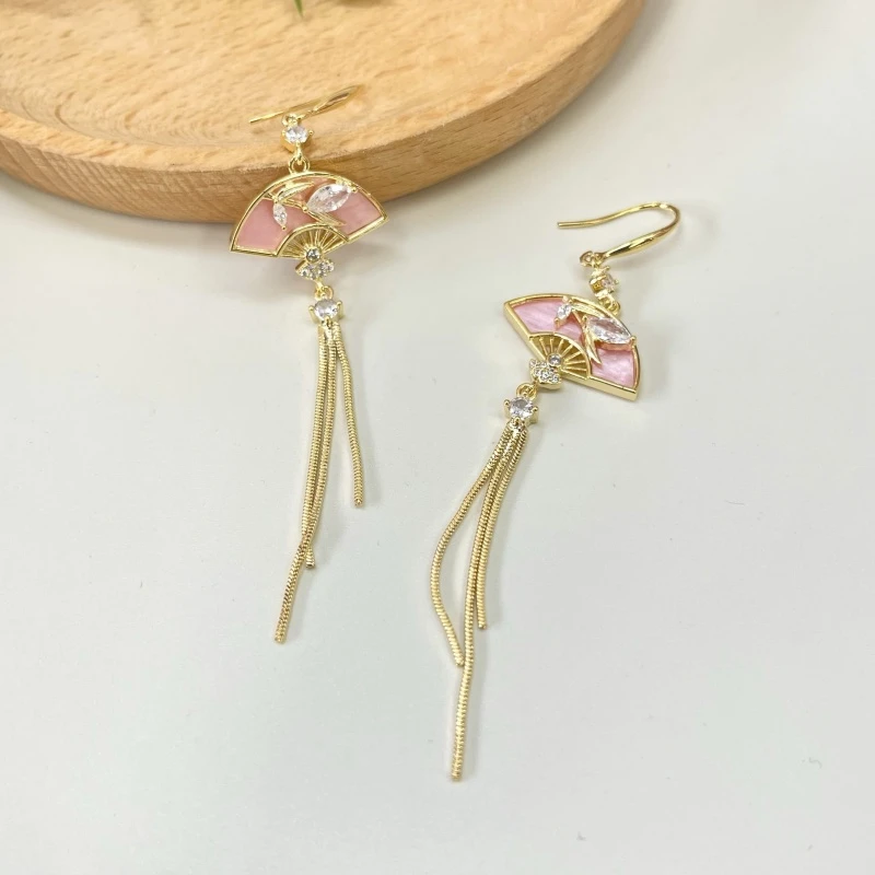 铜合金耳饰 新中式竹叶粉色扇子长款流苏耳环古风高级感-47