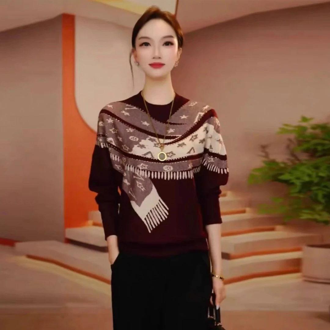 时尚高级感洋气提花针织衫女今年冬季新款宽松显瘦小众毛衣打底衫