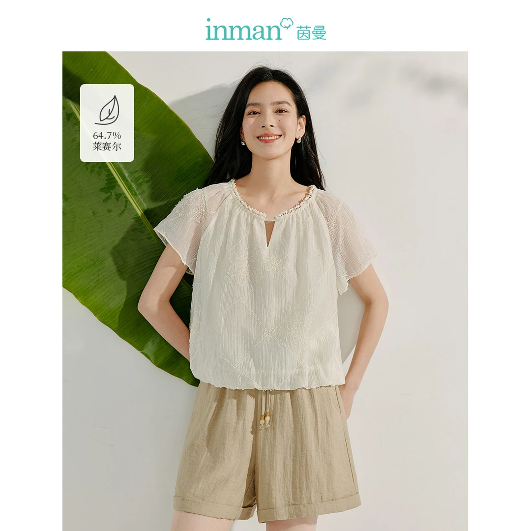 【欧若智性风】茵曼夏季温柔风莱赛尔衬衣甜美蝴蝶纱刺绣短袖上衣